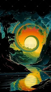 刚插画图片_刚升起的太阳照着小溪