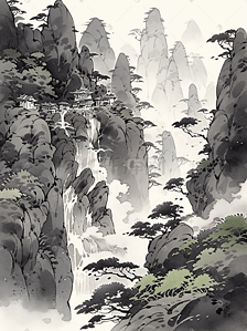 中国风黑白水墨山水画