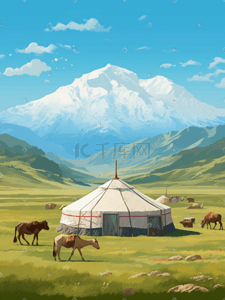 蒙古乌兰巴托之旅插画图片_蒙古草原国风插画