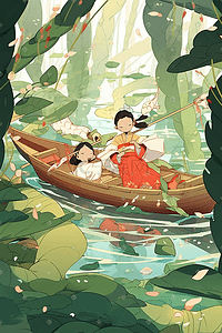 湖插画图片_女孩在湖上竹林中划船场景