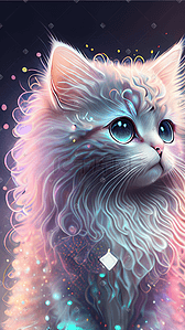 粒子散开插画图片_粉彩水晶长毛卷发可爱猫色彩斑斓的光粒子