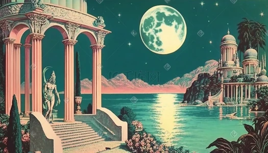 月亮照着水面和罗马建筑