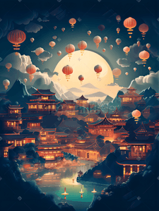 古风城市建筑插画中国风古风人物美女场景插画古风仙境古风游戏场景