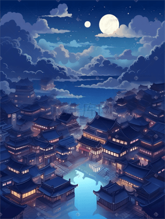 古风夜晚城市夜景