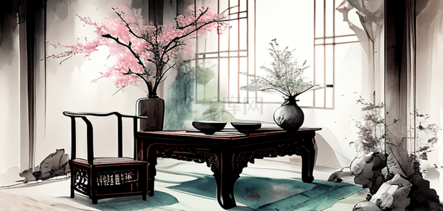 中式建筑水墨插画图片_水墨风中式桌椅场景