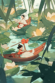 女孩在湖上竹林中划船场景