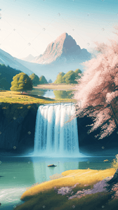 自然樱花插画图片_春天的山水瀑布自然风景