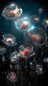 塑料笔杆插画图片_玻璃琉璃未来科技花朵植物场景