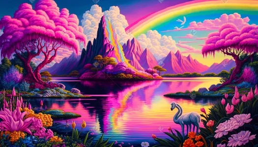 彩虹照着绚丽的水湖面上