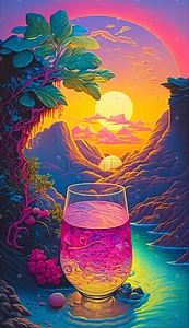 端着酒杯插画图片_日出山间河流和酒杯