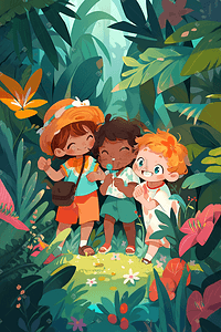 海南丛林插画图片_卡通可爱人物小孩丛林探险冒险