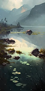 数字河湖插画图片_山间的水湖数字艺术