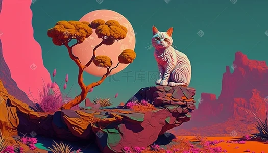 墩插画图片_站着石墩上的猫和美丽的树