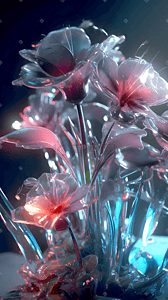 科技光线插画图片_玻璃琉璃质感花朵植物场景