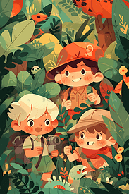 卡通可爱人物小孩丛林探险冒险