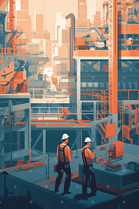 工厂俯视图插画图片_工人在工厂工作劳动节数字艺术