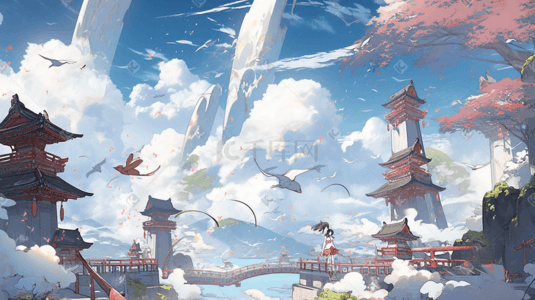 古典传统风插画图片_彩色传统古典中国风国潮建筑风景