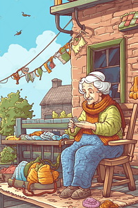 老奶奶哭插画图片_坐在院子里织毛衣的老奶奶