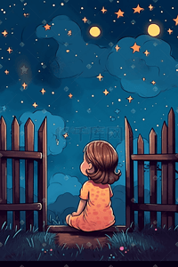 小院卡通插画图片_在小院里看星星的小女孩