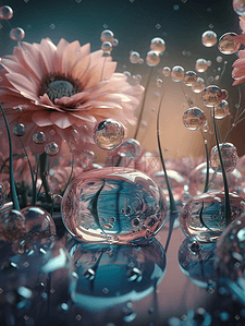 酸性镭射插画图片_未来感玻璃质感花朵植物