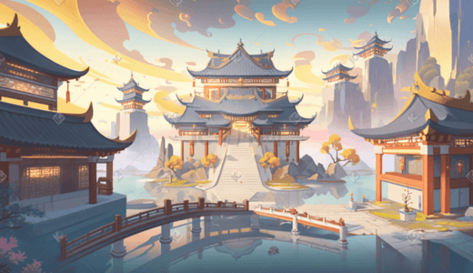 小清新国潮插画图片_彩色传统古典中国风国潮建筑风景