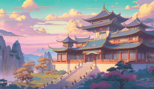彩色传统古典中国风国潮建筑风景