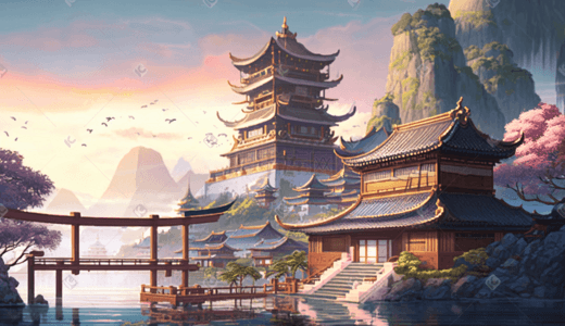 国潮小清新插画图片_彩色传统古典中国风国潮建筑风景