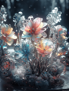 渐变流体镭射插画图片_未来感玻璃质感花朵植物