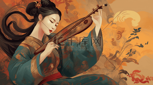 彩色壁画插画图片_彩色敦煌壁画风格中式美女插画