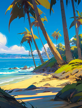 卡通插图夏威夷海滩风景插图
