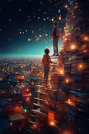 男孩站在书山上看着城市夜景