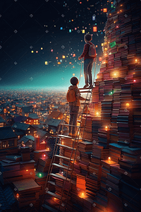 男孩站在书山上看着城市夜景