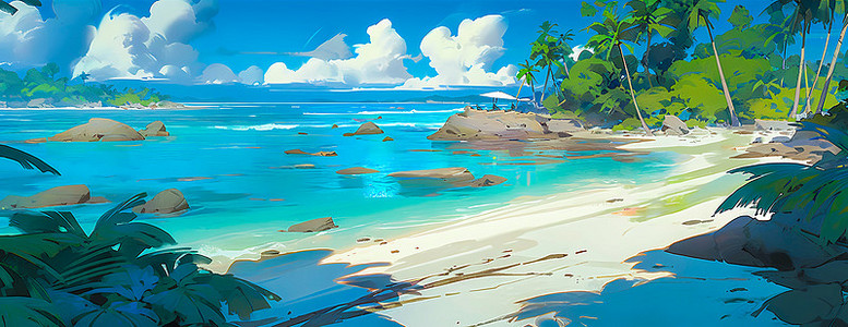 夏日海滩沙滩插画图片_卡通插图夏威夷海滩风景插图