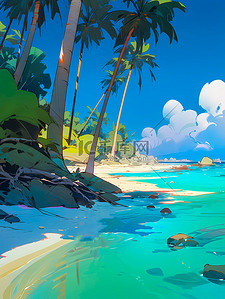 海滩渡口插画图片_卡通插图夏威夷海滩风景插图