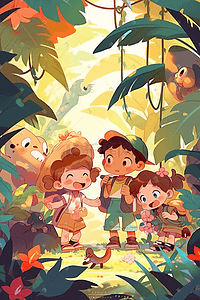 孩子们开心的在丛林探险插画