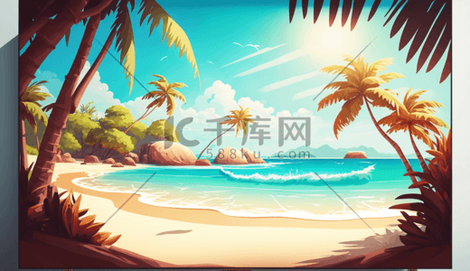 海滩夏日插画图片_夏日度假海滩海浪插画