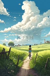 骑自行车的插画图片_在稻田里骑自行车的小男孩