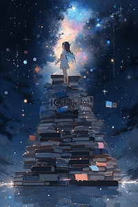 书山水墨插画图片_女孩站在书本上仰望星空