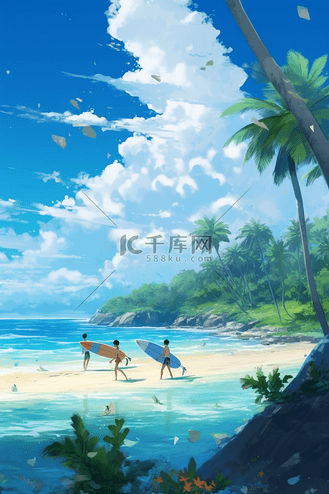 夏天沙滩大海风景治愈卡通插画