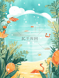 夏日泳池插画图片_夏日泳池游泳圈水果