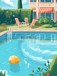 夏日泳池插画图片_夏日泳池游泳圈水果