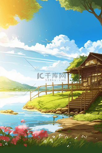卡通风景清新图片素材_夏天清新风景卡通背景