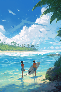 夏日大海插画图片_夏天沙滩大海风景治愈卡通插画