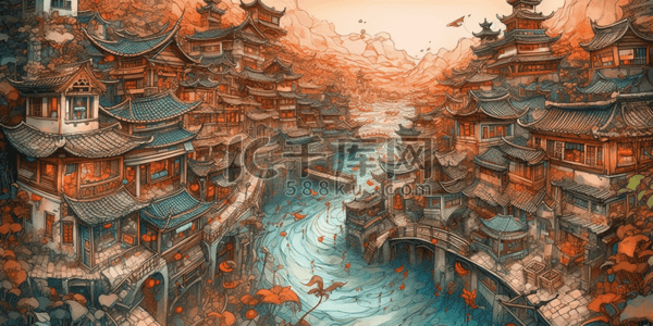 古代古代建筑插画图片_中国古代建筑和古代商业街道数字艺术