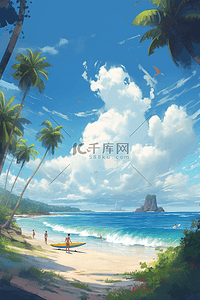 沙滩大海插画图片_夏天沙滩大海风景治愈卡通插画