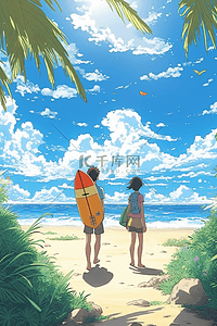 卡通椰树插画图片_夏天沙滩大海风景治愈卡通插画