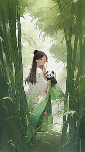 （竹）插画图片_竹林中的熊猫和女孩