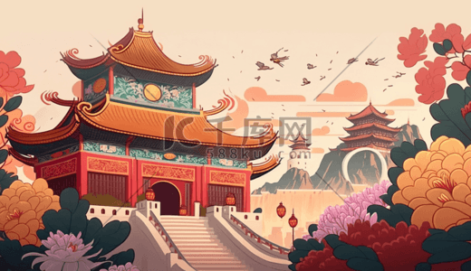 创意国潮风建筑插画简约背景