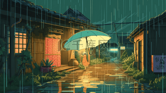 彩色夏季雨季卡通插画