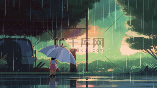 下雨雨伞插画图片_彩色夏季雨季卡通插画